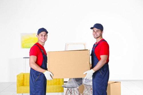 Professional movers carrying household items down apartment stairs