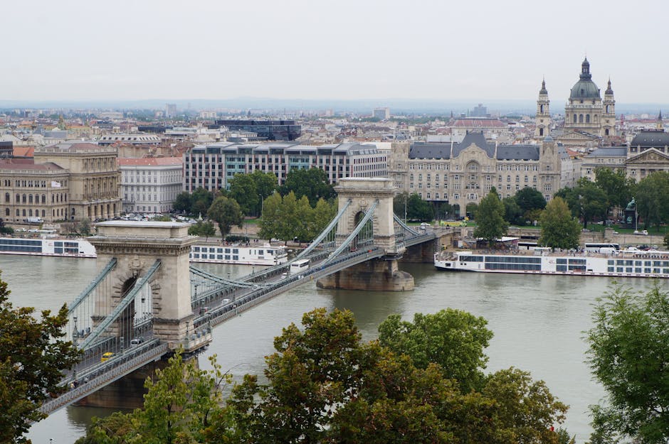 A wide view of a cityscape featuring the historic Chain Bridge spanning the river, with stone pillars and suspension cables visible. On the river, there are several white passenger boats docked along the quay. In the background, a variety of classical and modern buildings, including a large ornate structure with a domed roof and multiple towers, are seen under a cloudy sky. The foreground includes green trees partially obscuring the lower part of the buildings and riverbank. This scene depicts an urban environment with elements typical of city logistics and transportation, relevant to professional house and business office removals such as those carried out by Kennington Movers, supporting efficient packing, furniture transport, and moving processes.