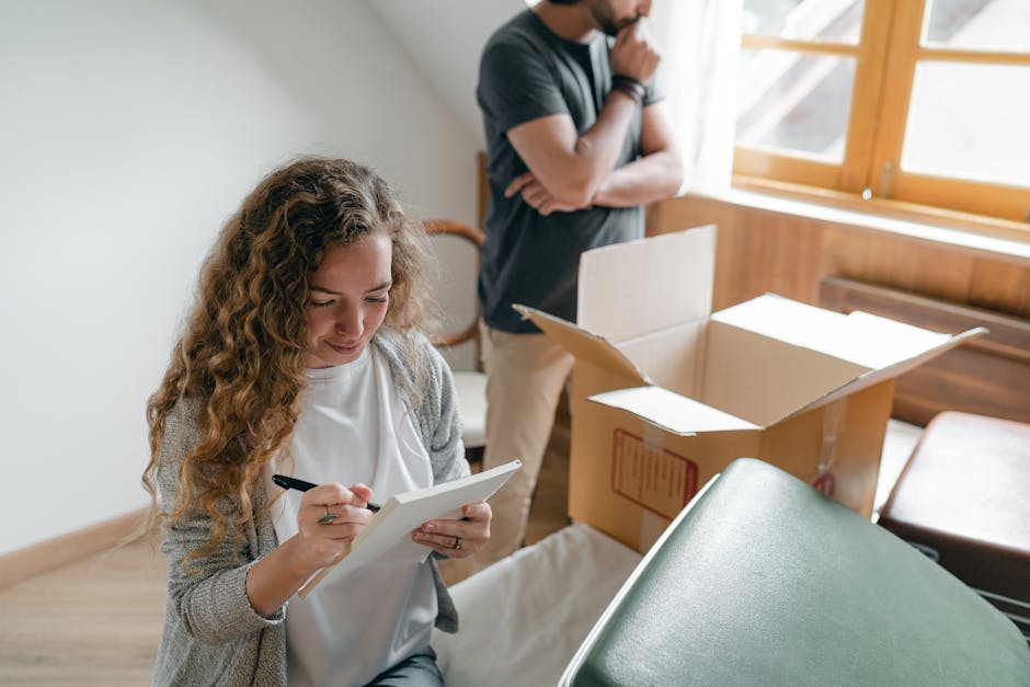 A woman with curly brown hair is seated at a table inside a room, writing on a clipboard with a black pen, surrounded by cardboard boxes and packing materials. In the background, a man with short hair, wearing a grey t-shirt and beige trousers, is standing near a window with wooden frames, with his arms crossed and his hand touching his chin, appearing to be in thought. The room has wooden wall paneling beneath the window, and natural light is entering, illuminating the packing and moving process. The scene suggests a home relocation or furniture transport scenario, with the woman preparing inventory or packing notes, and the man considering the next steps in the move. Kennington Movers facilitate such packing and moving logistics, ensuring efficient house removals, including packing, loading, and transporting belongings within the property or to a new residence.